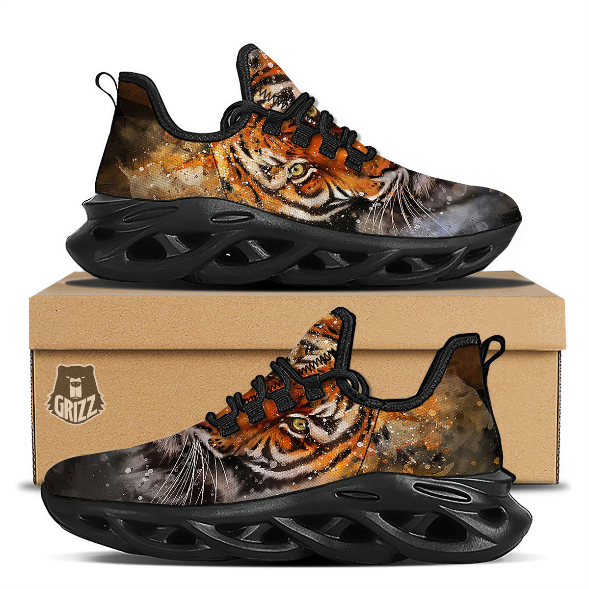 Bengal Tiger Watercolor Print Black Running Shoes-grizzshop