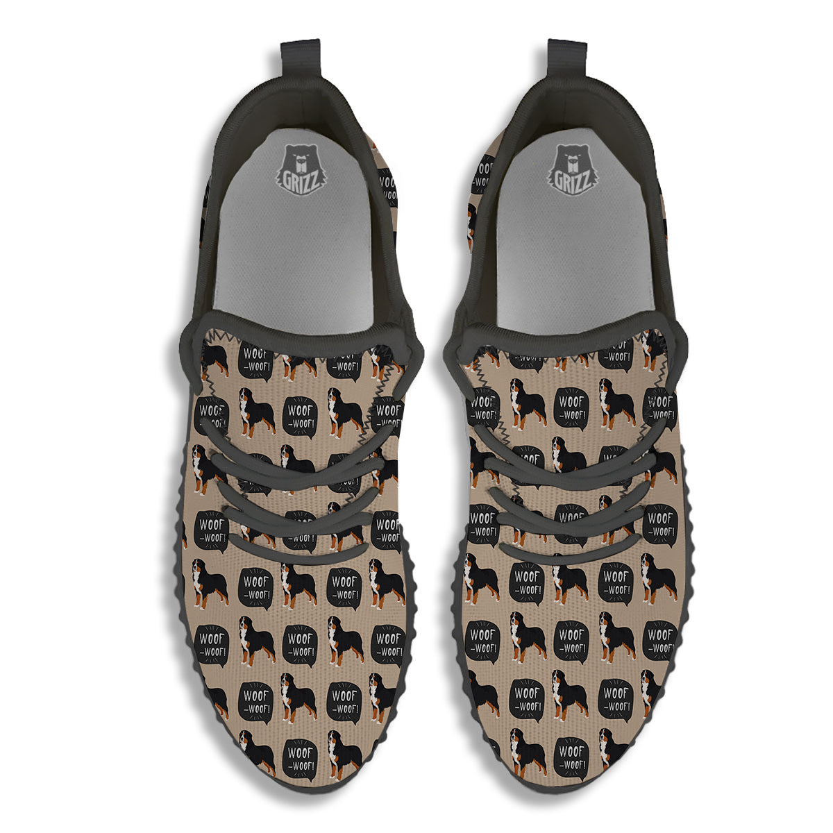 Bernese Brown Woof Woof Print Pattern Black Walking Shoes-grizzshop