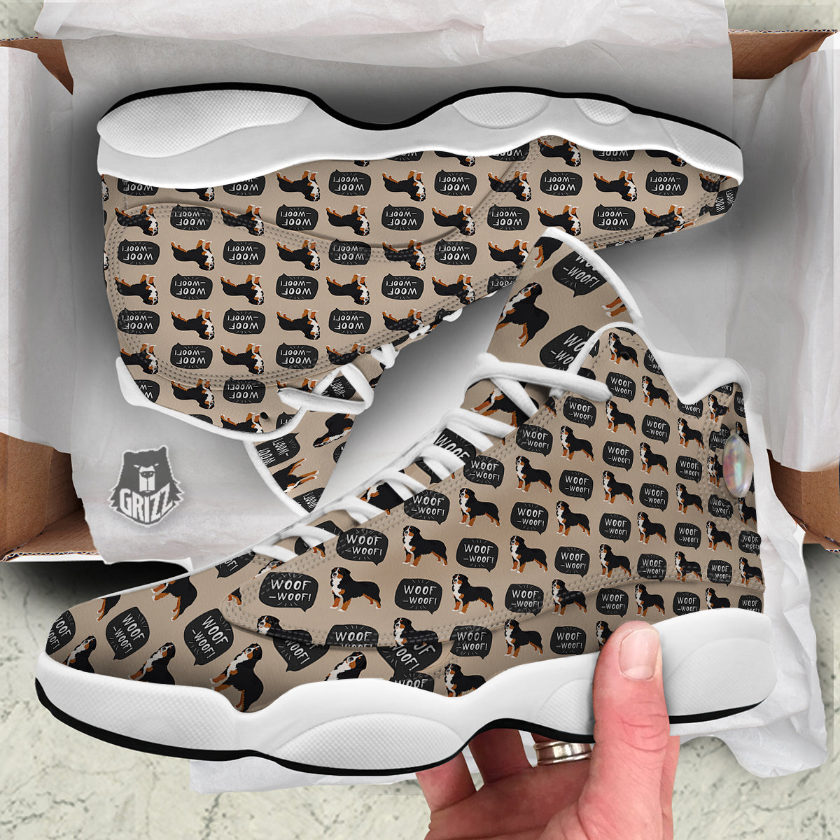 Bernese Brown Woof Woof Print Pattern White Basketball Shoes-grizzshop