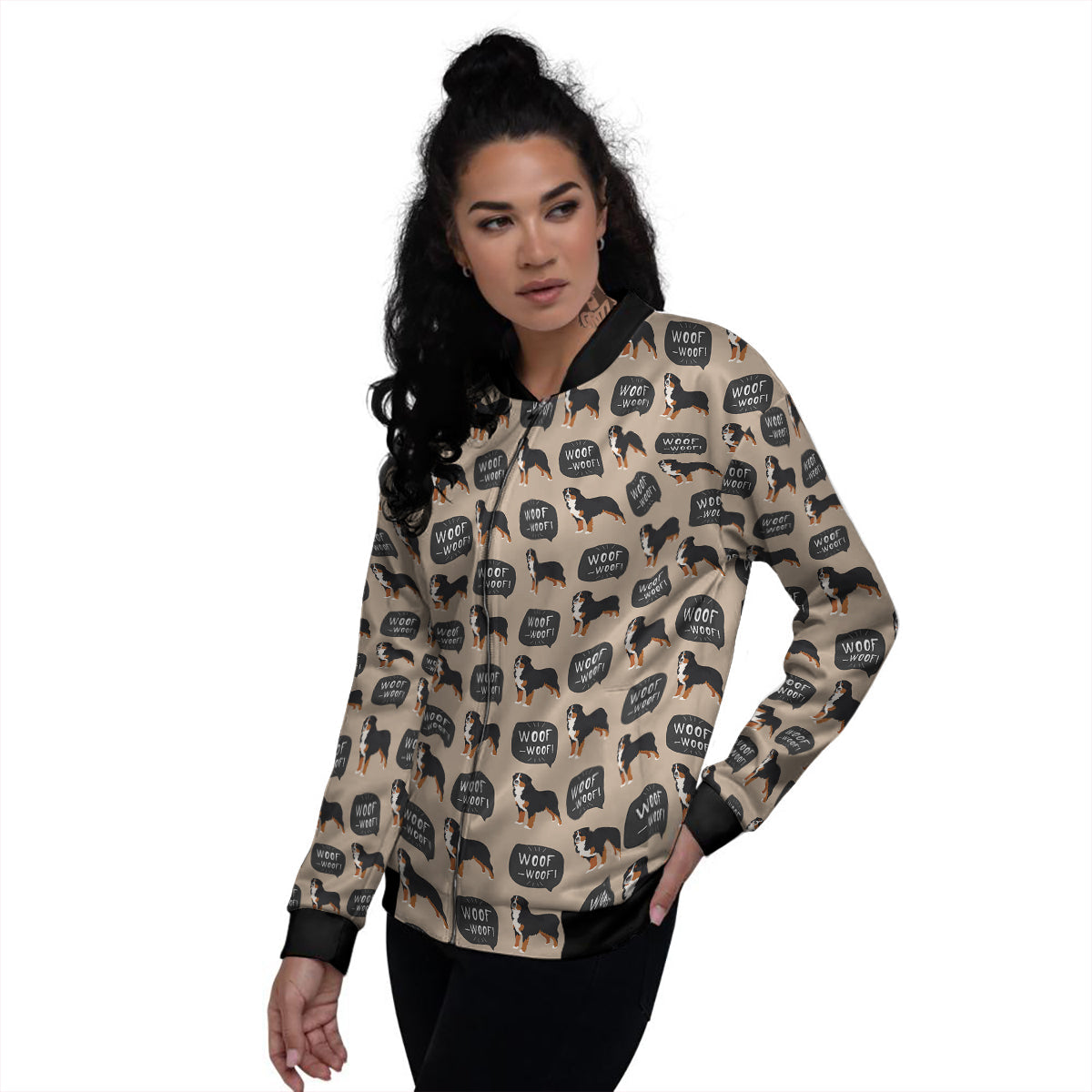 Bernese Brown Woof Woof Print Pattern Women's Bomber Jacket-grizzshop