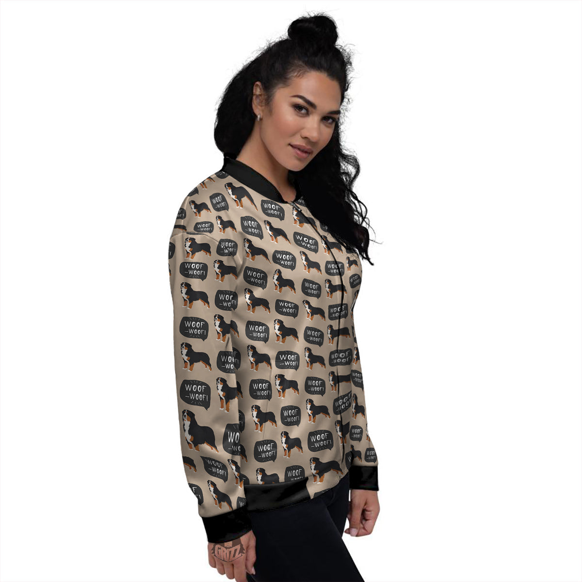 Bernese Brown Woof Woof Print Pattern Women's Bomber Jacket-grizzshop