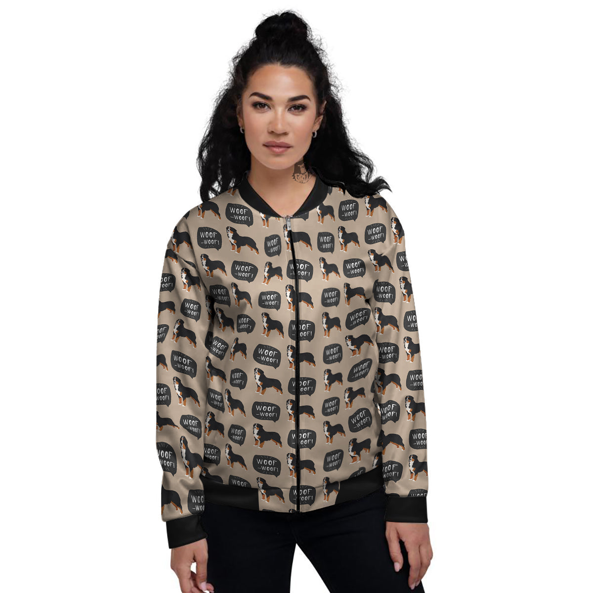 Bernese Brown Woof Woof Print Pattern Women's Bomber Jacket-grizzshop