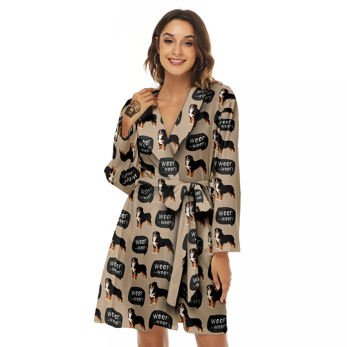 Bernese Brown Woof Woof Print Pattern Women's Robe-grizzshop