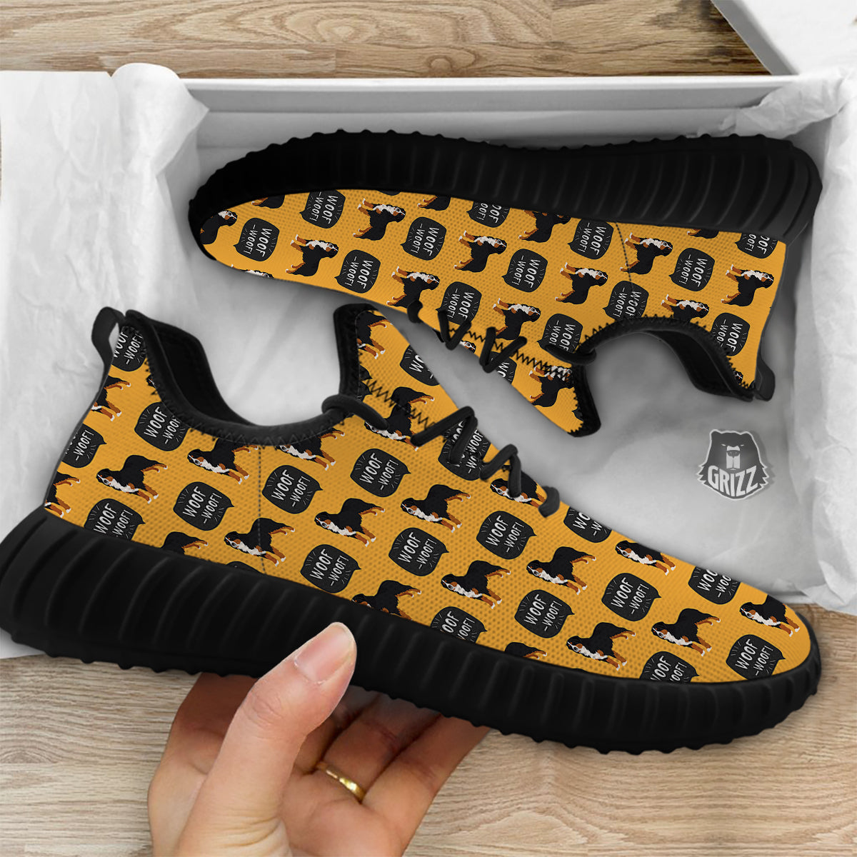 Bernese Yellow Woof Woof Print Pattern Black Walking Shoes-grizzshop