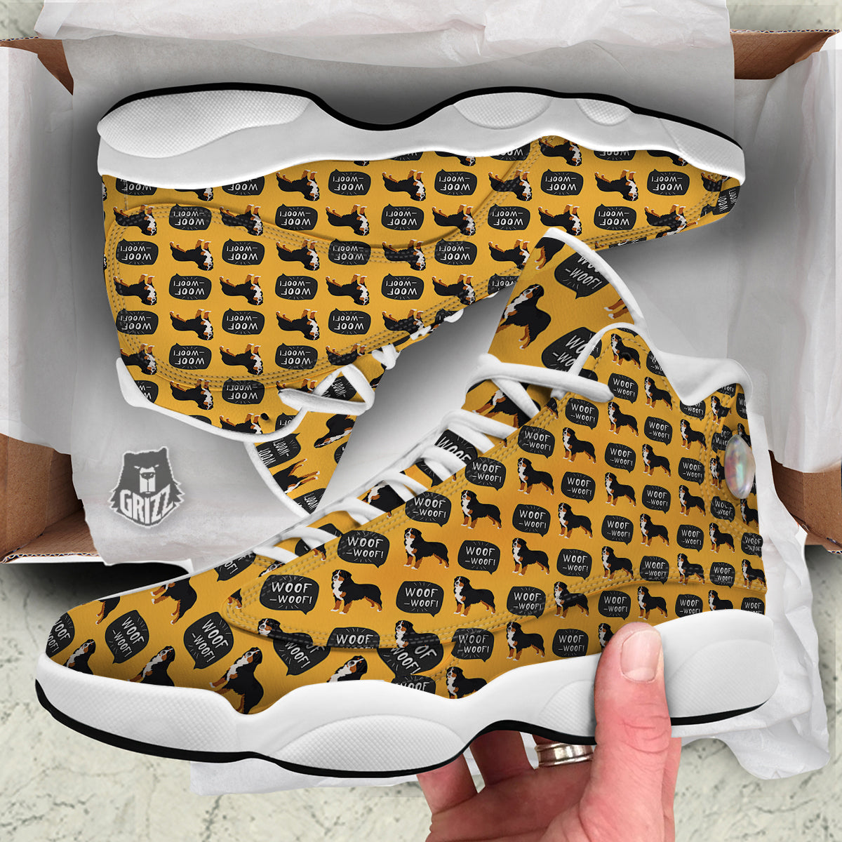 Bernese Yellow Woof Woof Print Pattern White Basketball Shoes-grizzshop