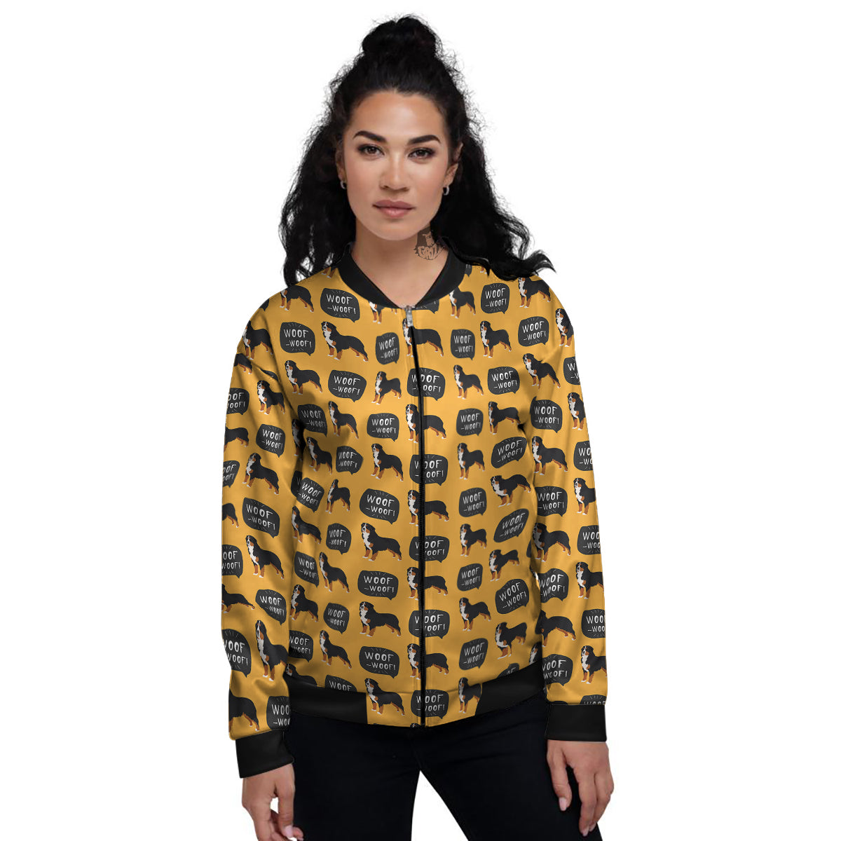 Bernese Yellow Woof Woof Print Pattern Women's Bomber Jacket-grizzshop