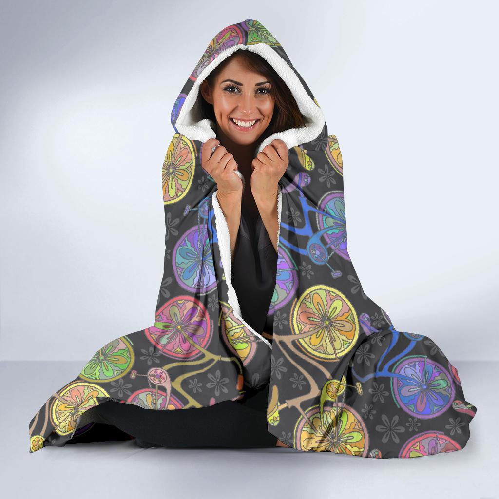 Bicycle Floral Pattern Print Hooded Blanket-grizzshop
