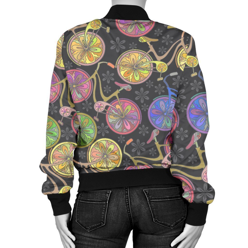 Bicycle Floral Pattern Print Women Casual Bomber Jacket-grizzshop