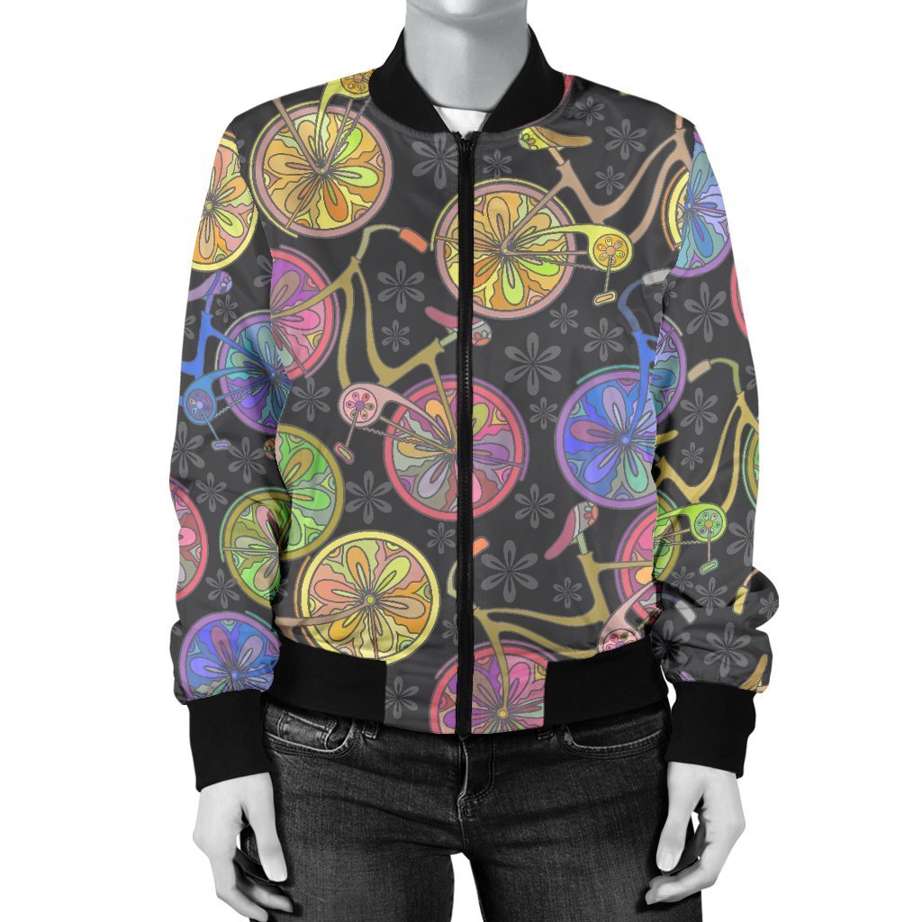 Bicycle Floral Pattern Print Women Casual Bomber Jacket-grizzshop