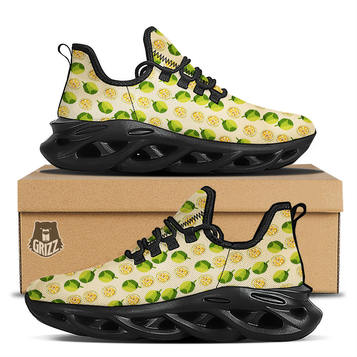 Biege Jackfruit Print Pattern Black Running Shoes-grizzshop