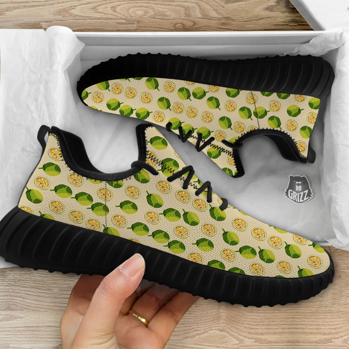 Biege Jackfruit Print Pattern Black Walking Shoes-grizzshop