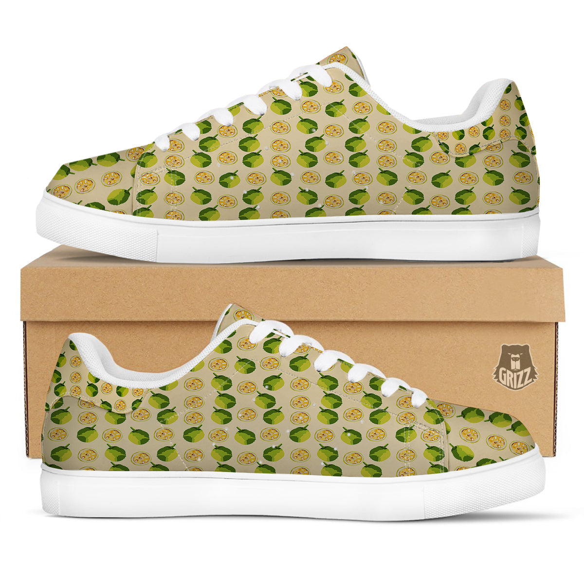 Biege Jackfruit Print Pattern White Low Top Sneakers-grizzshop