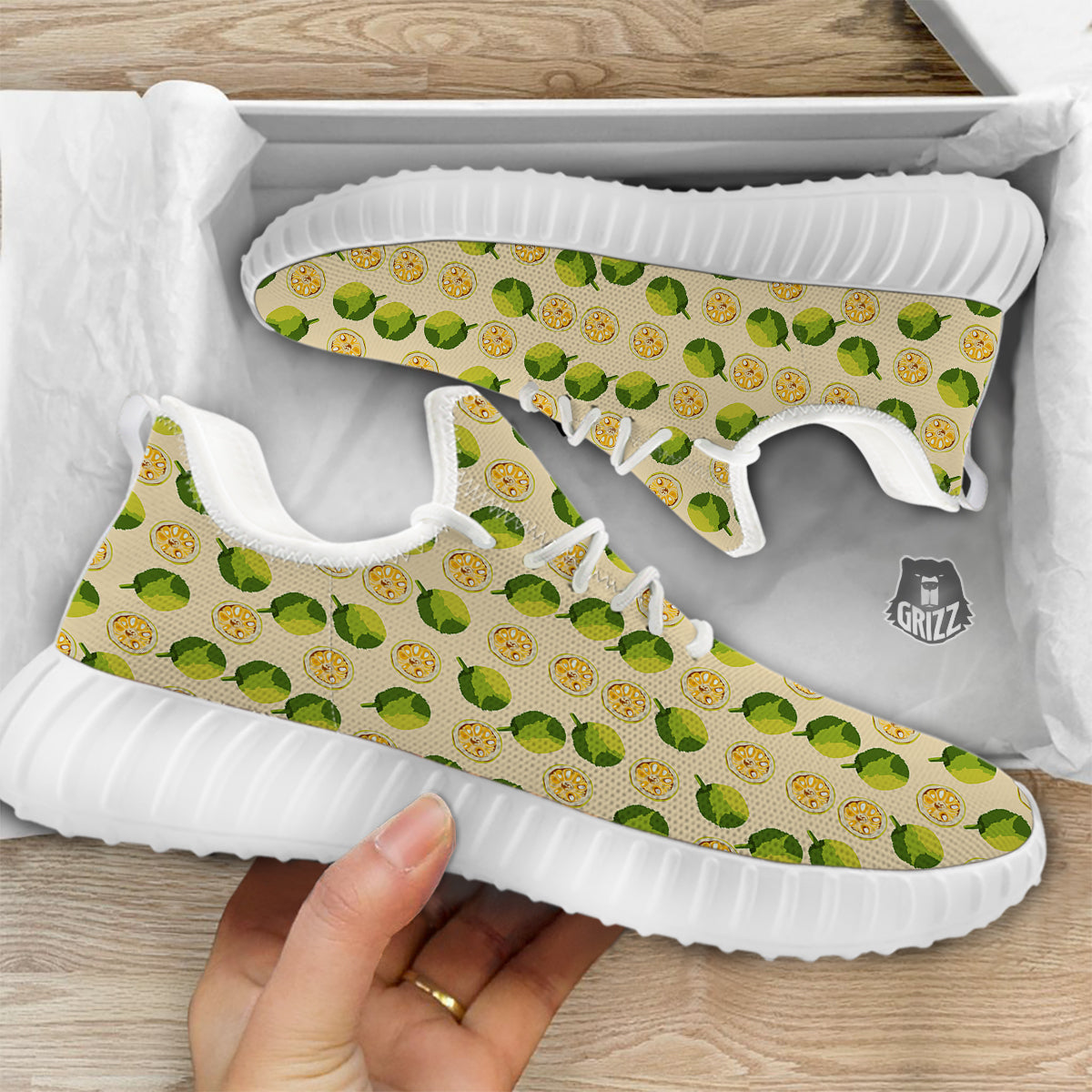 Biege Jackfruit Print Pattern White Walking Shoes-grizzshop