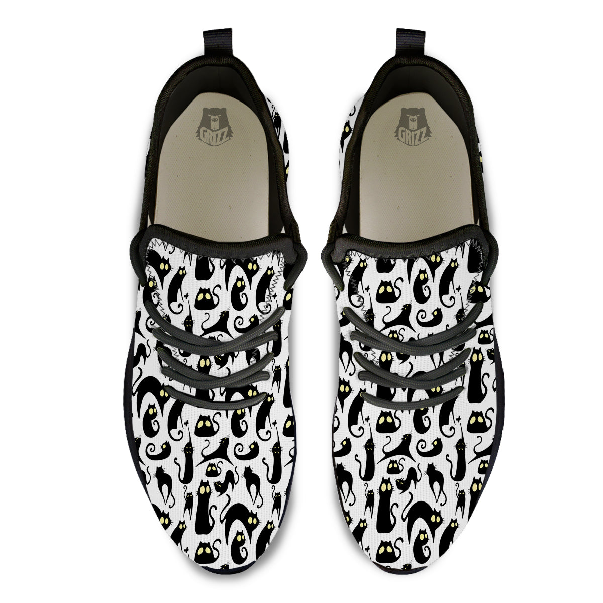 Big Eye Black Cat Halloween Print Pattern Black Athletic Shoes-grizzshop