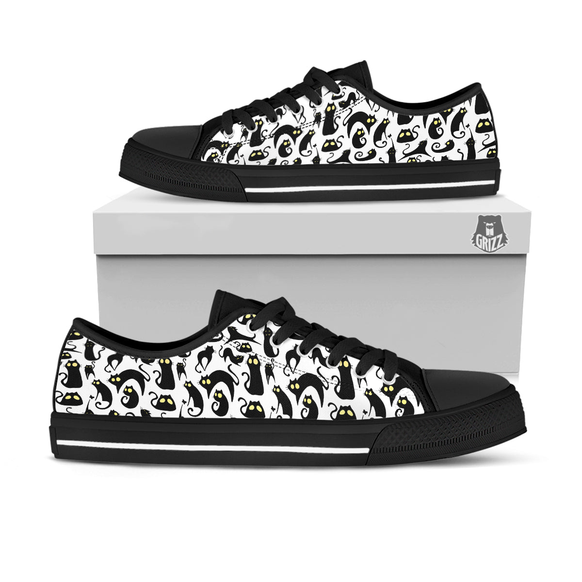 Big Eye Black Cat Halloween Print Pattern Black Low Top Shoes-grizzshop