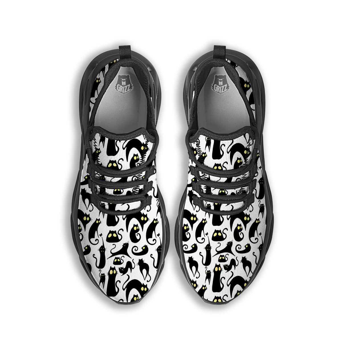 Big Eye Black Cat Halloween Print Pattern Black Running Shoes-grizzshop
