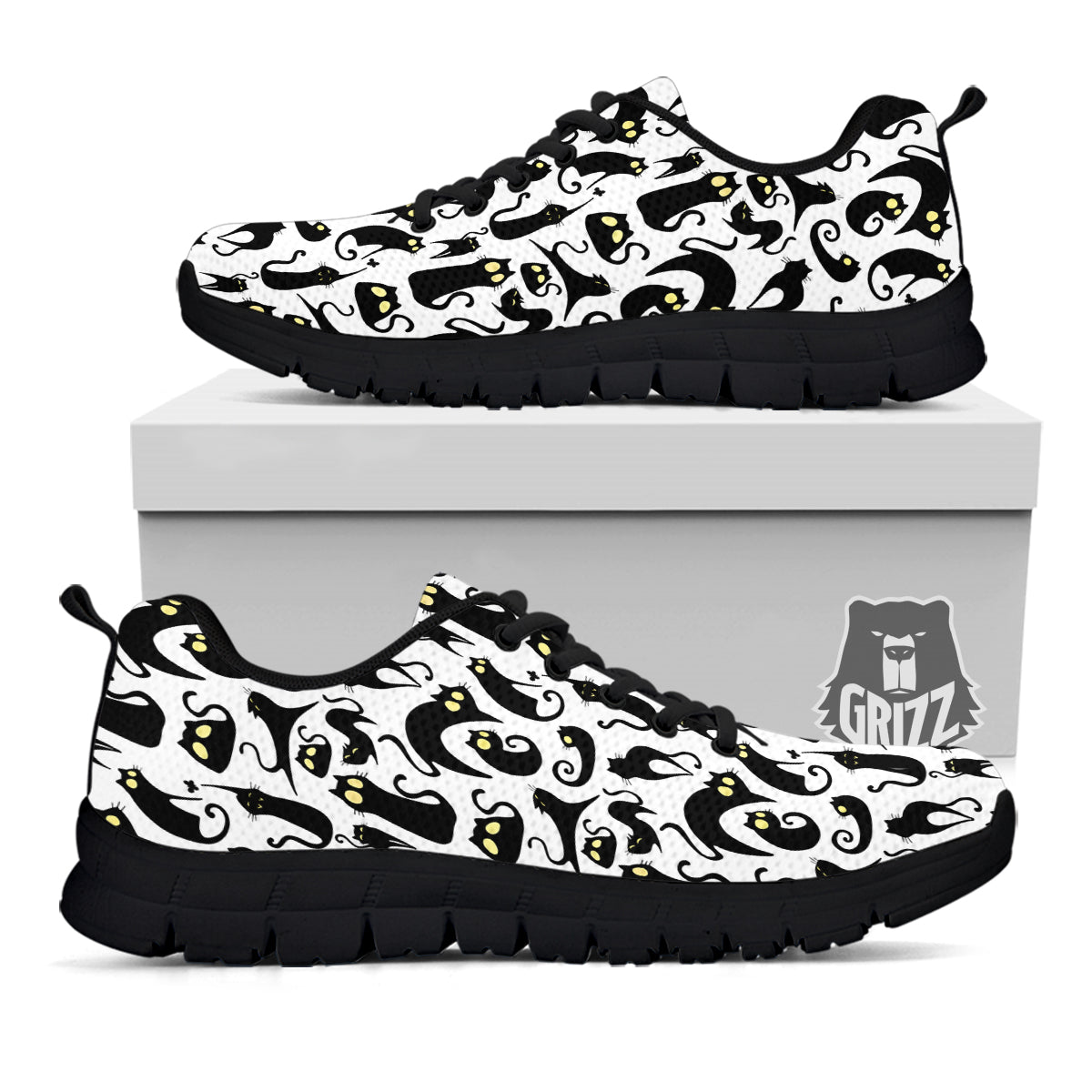 Big Eye Black Cat Halloween Print Pattern Black Sneaker-grizzshop