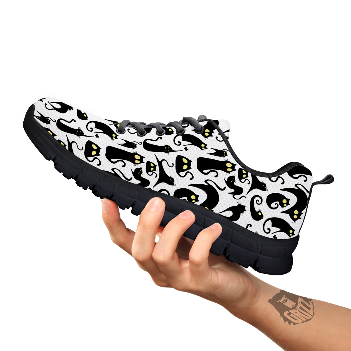 Big Eye Black Cat Halloween Print Pattern Black Sneaker-grizzshop