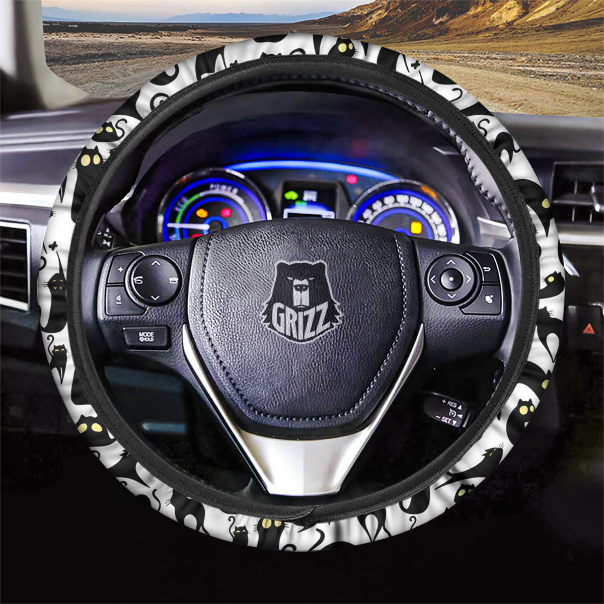 Big Eye Black Cat Halloween Print Pattern Car Steering Wheel Cover-grizzshop