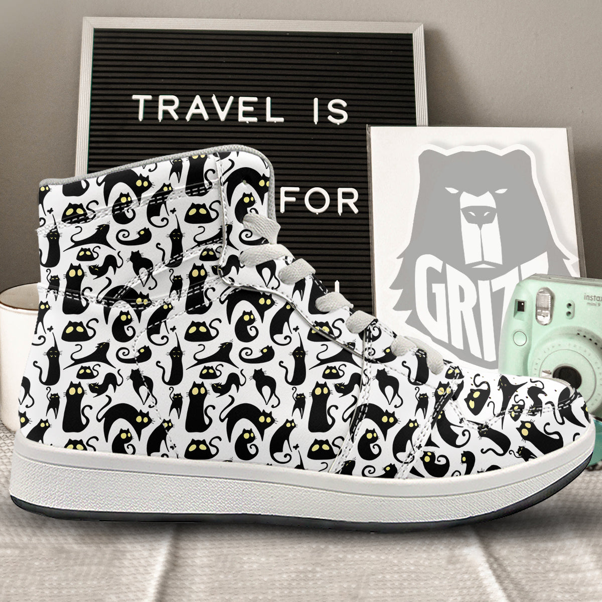 Big Eye Black Cat Halloween Print Pattern High Top Sneakers-grizzshop