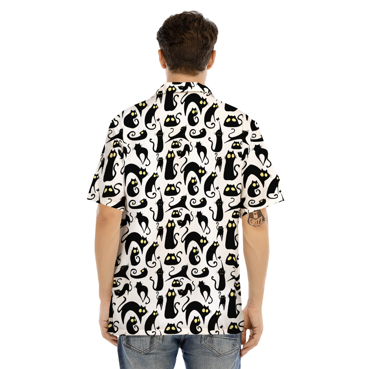 Big Eye Black Cat Halloween Print Pattern Men's Hawaiian Shirt-grizzshop