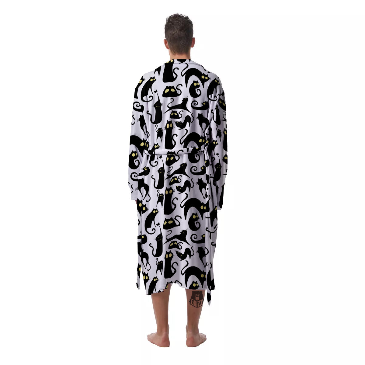 Big Eye Black Cat Halloween Print Pattern Men's Robe-grizzshop