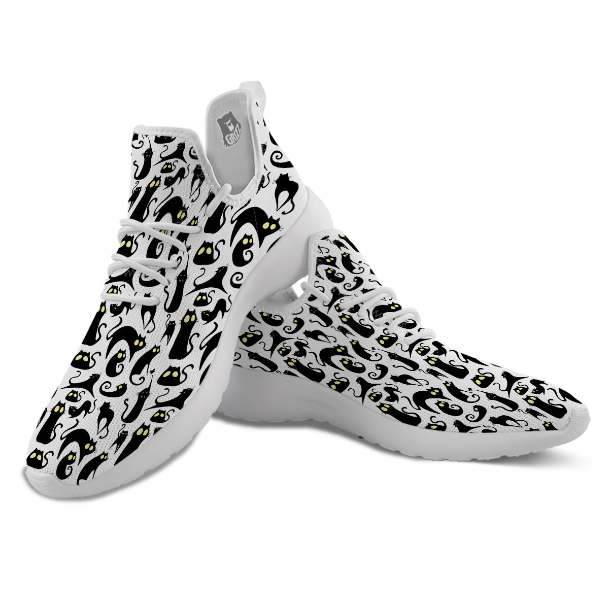 Big Eye Black Cat Halloween Print Pattern White Athletic Shoes-grizzshop