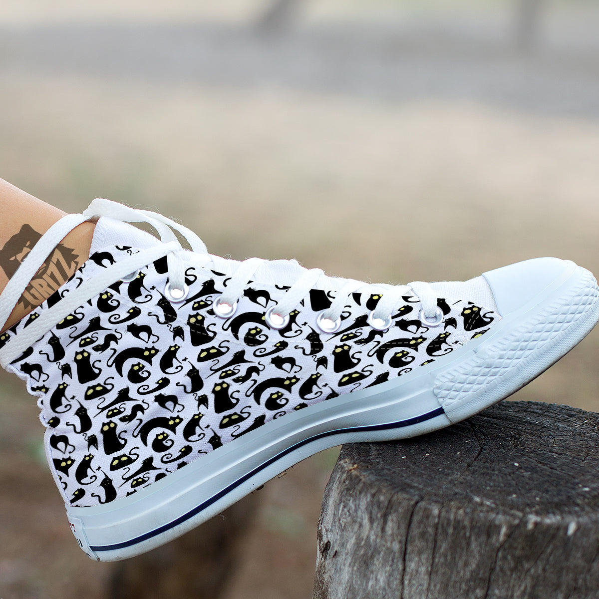 Big Eye Black Cat Halloween Print Pattern White High Top Shoes-grizzshop