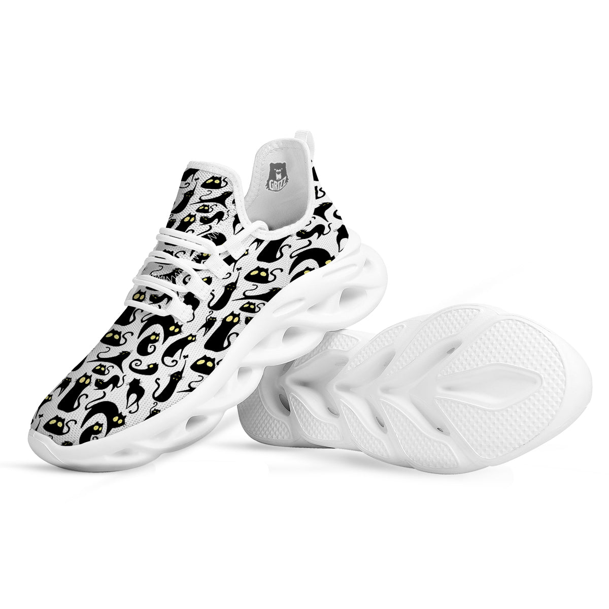 Big Eye Black Cat Halloween Print Pattern White Running Shoes-grizzshop