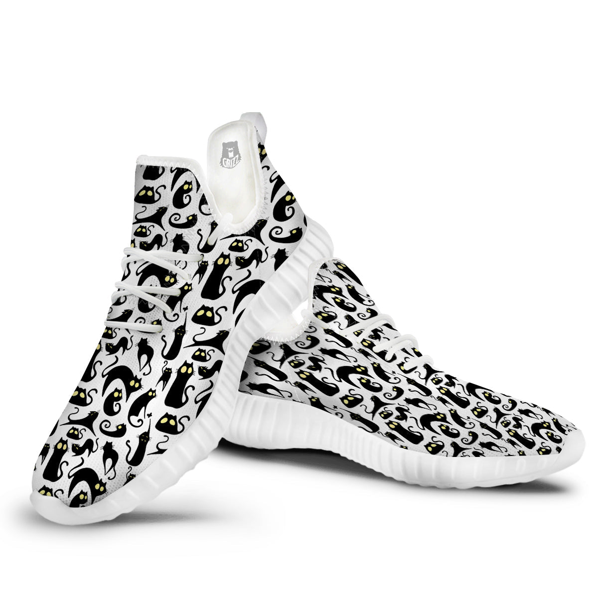 Big Eye Black Cat Halloween Print Pattern White Walking Shoes-grizzshop