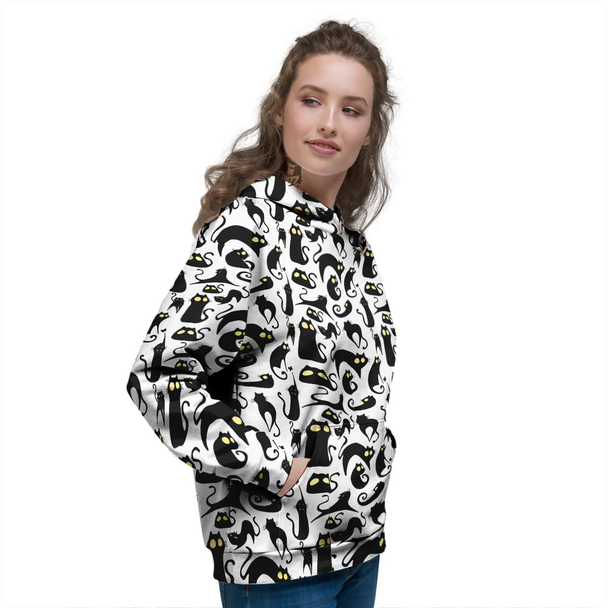 Big Eye Black Cat Halloween Print Pattern Women's Hoodie-grizzshop
