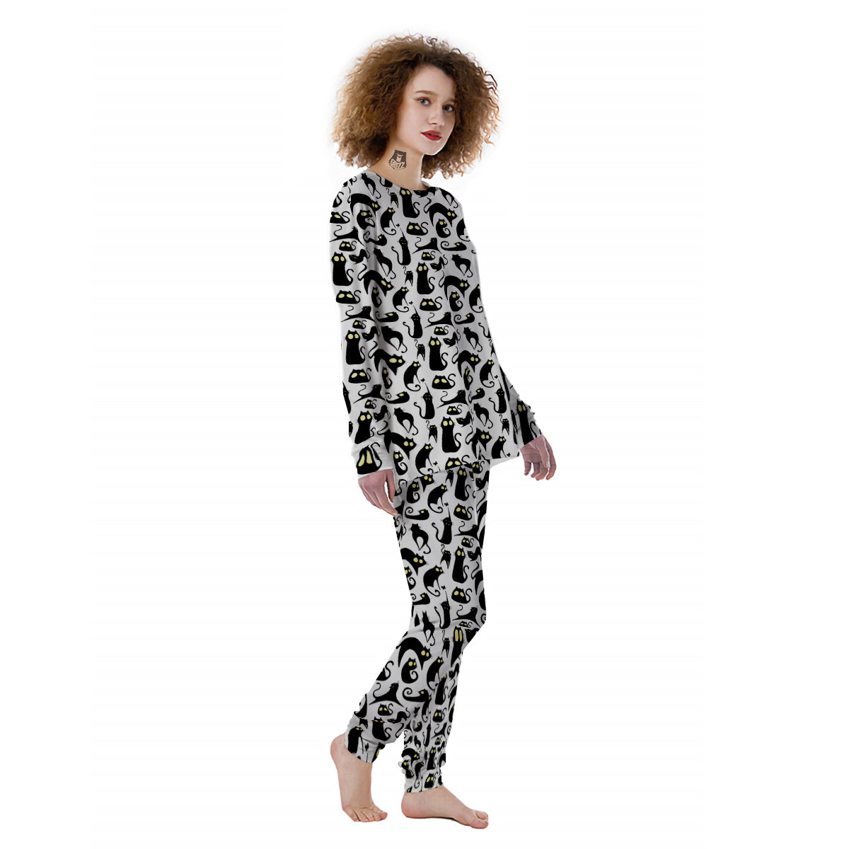 Big Eye Black Cat Halloween Print Pattern Women's Pajamas-grizzshop