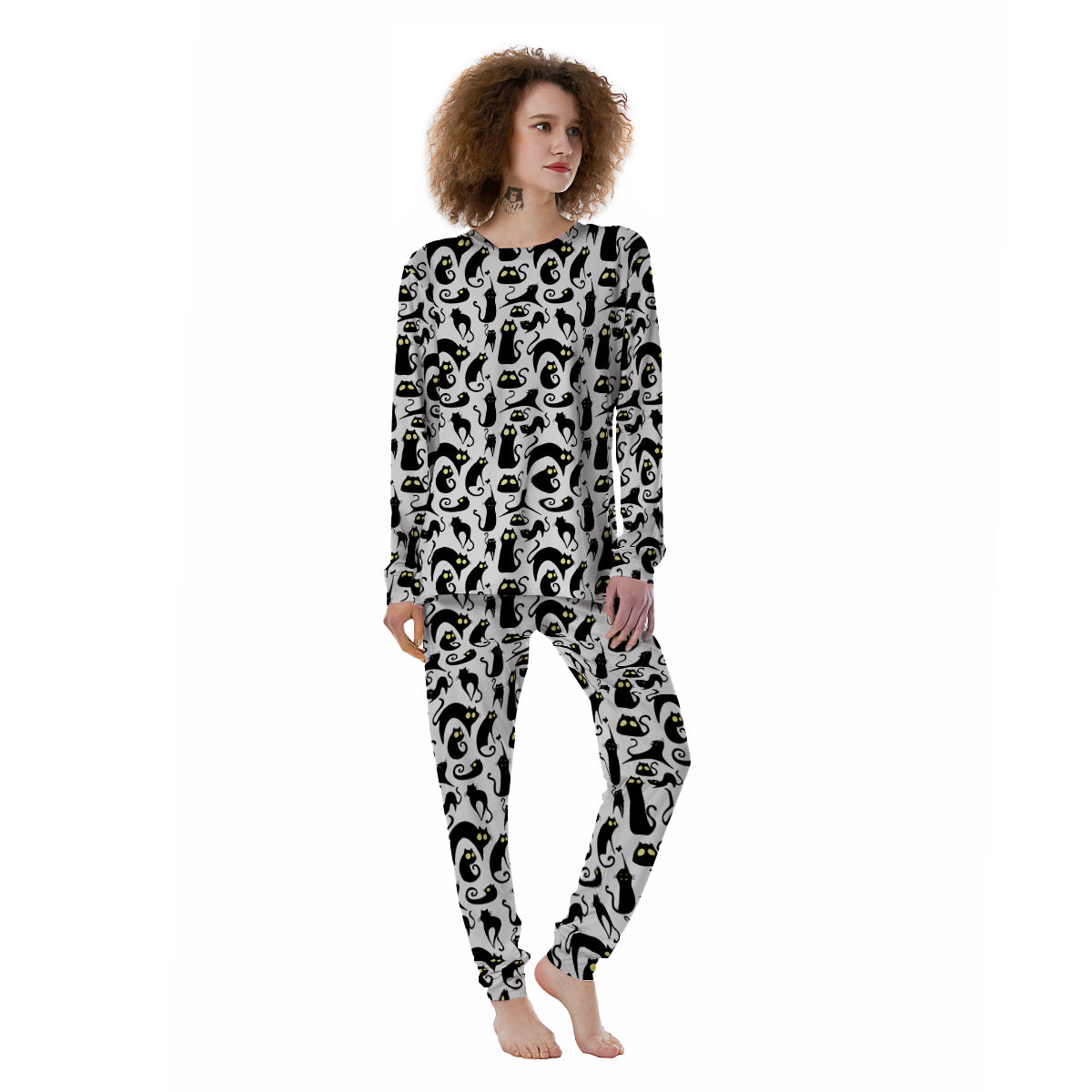 Big Eye Black Cat Halloween Print Pattern Women's Pajamas-grizzshop