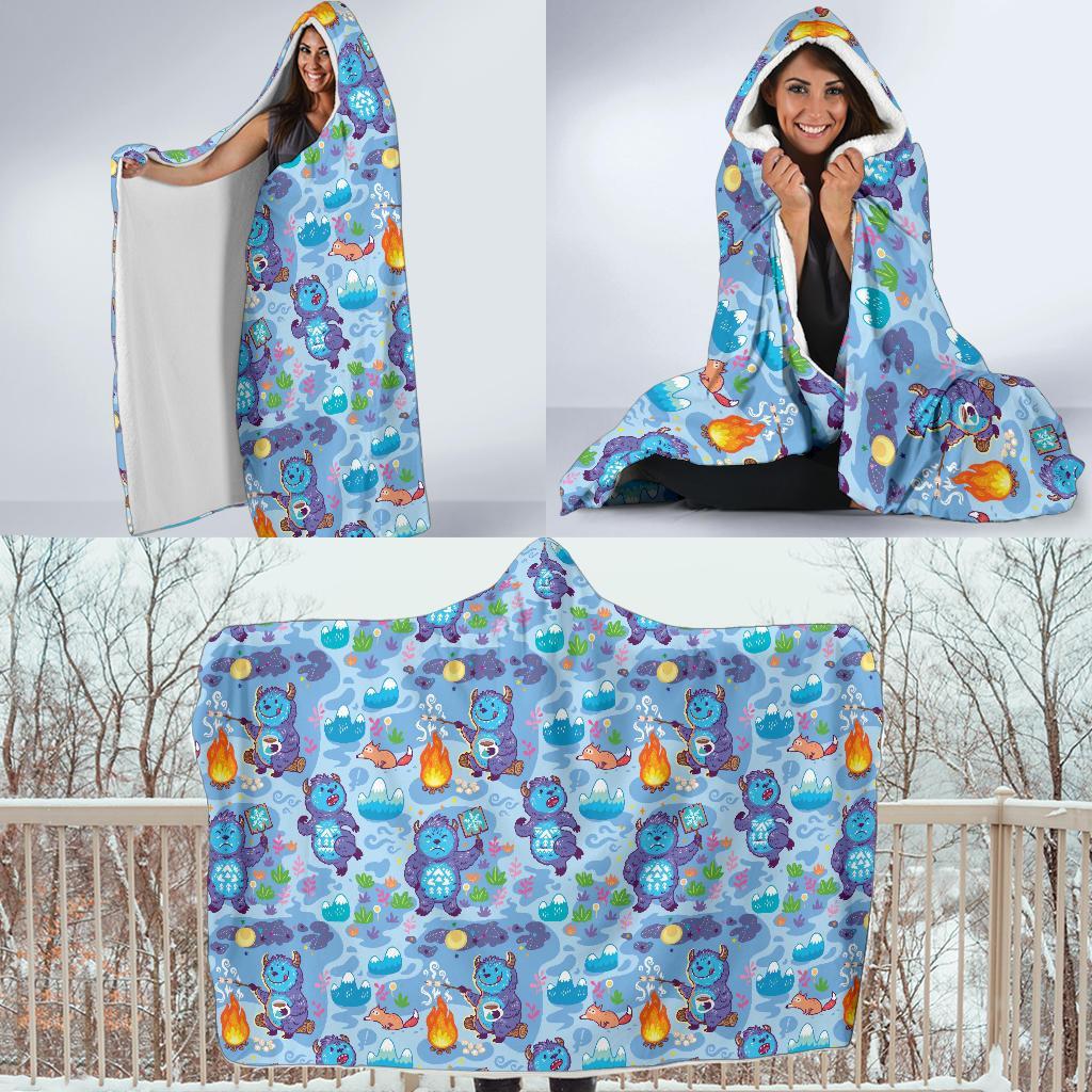 Bigfoot Blue Pattern Print Hooded Blanket-grizzshop