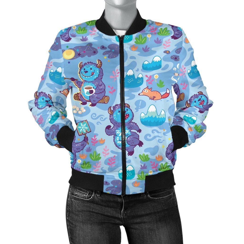 Bigfoot Blue Pattern Print Women Casual Bomber Jacket-grizzshop