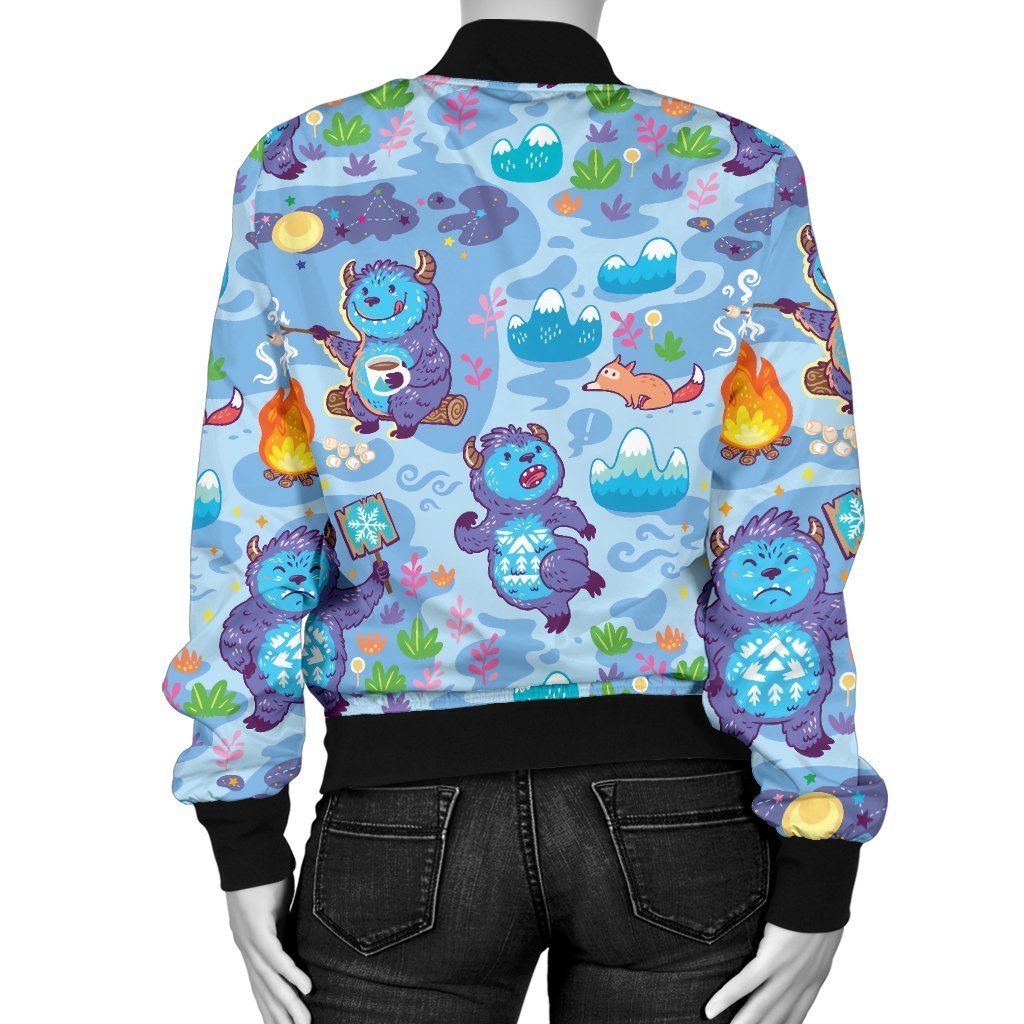 Bigfoot Blue Pattern Print Women Casual Bomber Jacket-grizzshop
