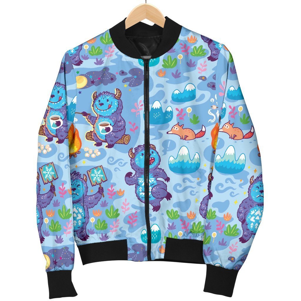Bigfoot Blue Pattern Print Women Casual Bomber Jacket-grizzshop