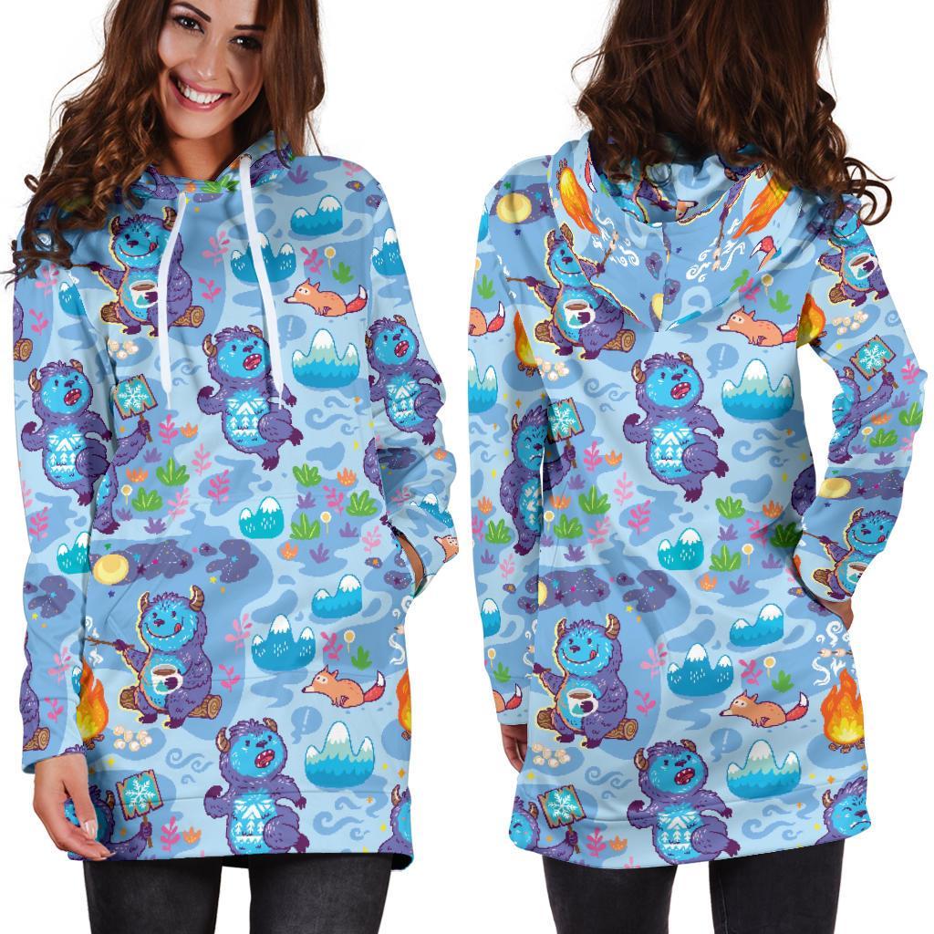 Bigfoot Blue Pattern Print Women Hoodie Dress-grizzshop