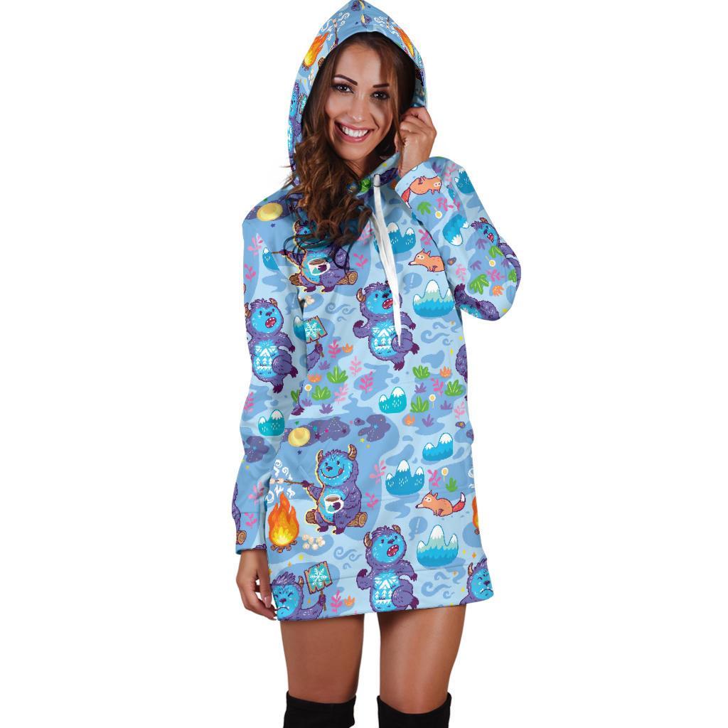 Bigfoot Blue Pattern Print Women Hoodie Dress-grizzshop