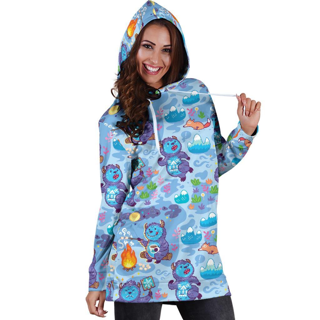 Bigfoot Blue Pattern Print Women Hoodie Dress-grizzshop