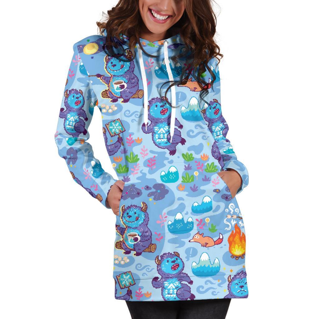 Bigfoot Blue Pattern Print Women Hoodie Dress-grizzshop