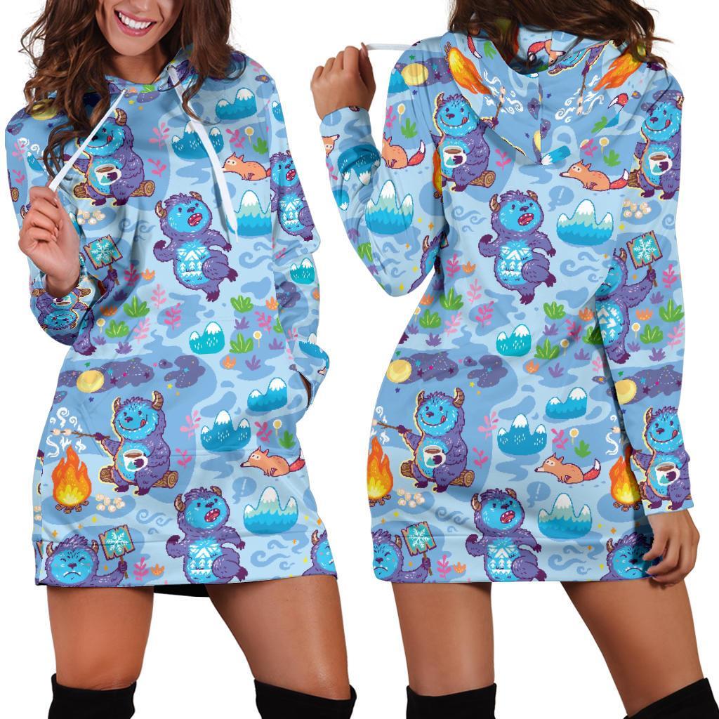 Bigfoot Blue Pattern Print Women Hoodie Dress-grizzshop