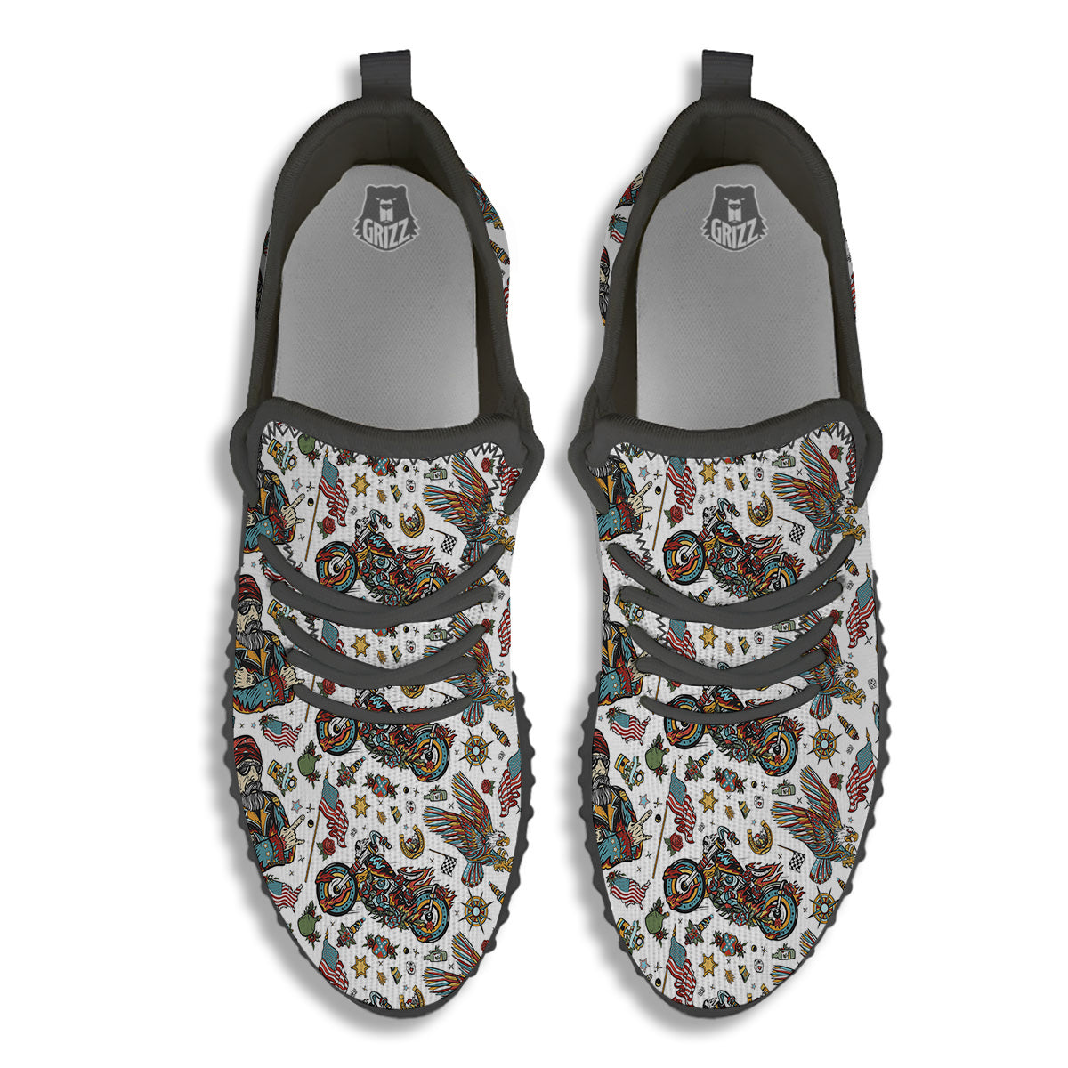 Bikers Old School Tattoo Print Pattern Black Walking Shoes-grizzshop