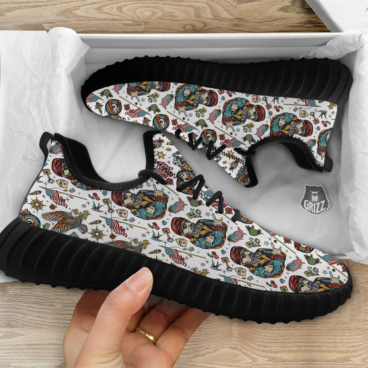 Bikers Old School Tattoo Print Pattern Black Walking Shoes-grizzshop