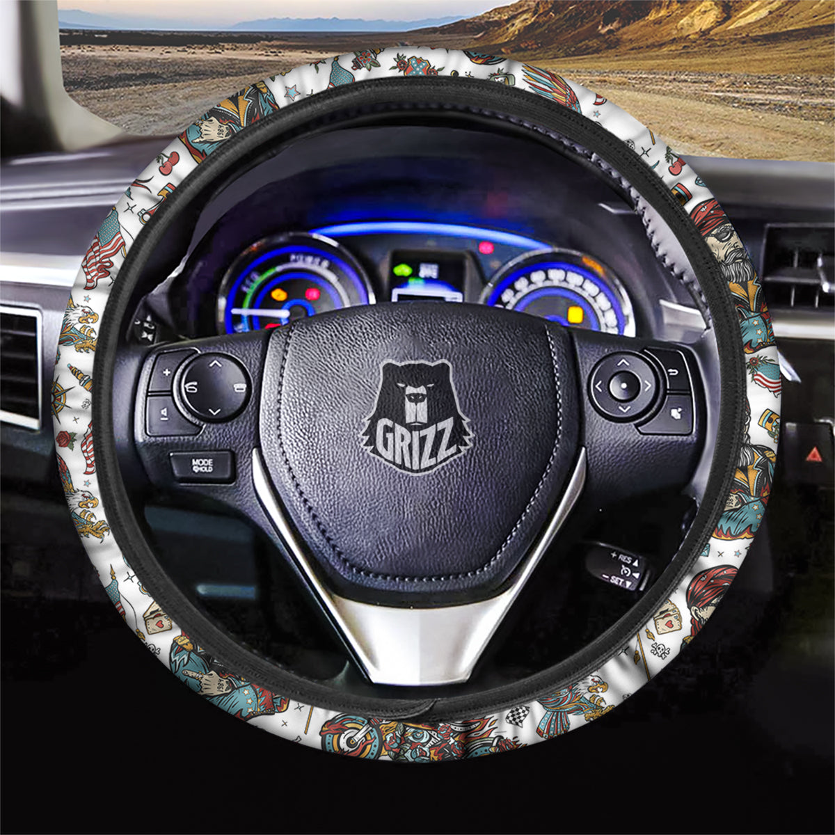 Bikers Old School Tattoo Print Pattern Car Steering Wheel Cover-grizzshop
