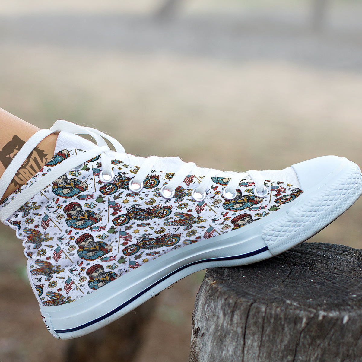Bikers Old School Tattoo Print Pattern White High Top Shoes-grizzshop