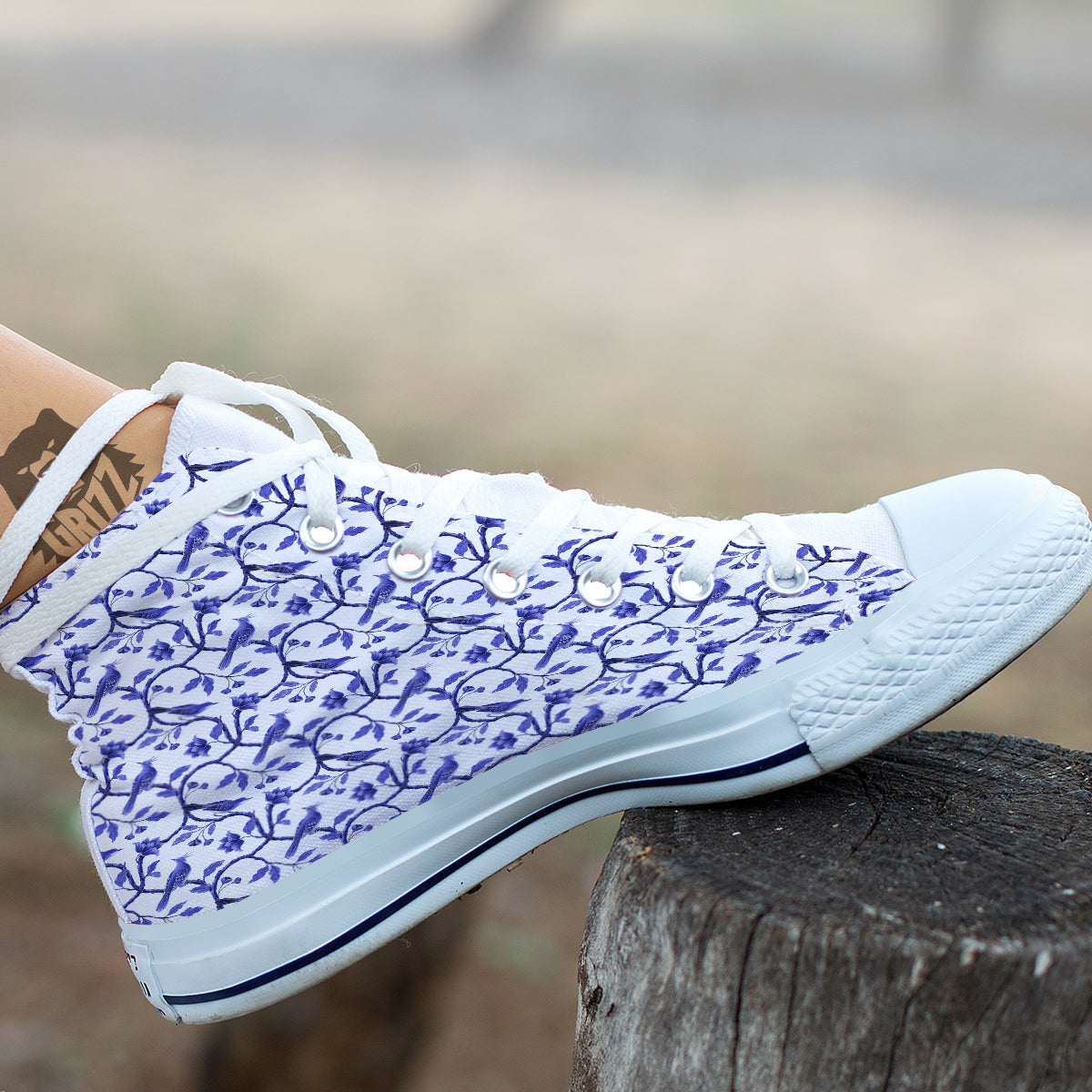 Bird Chinoiserie Print Pattern White High Top Shoes-grizzshop