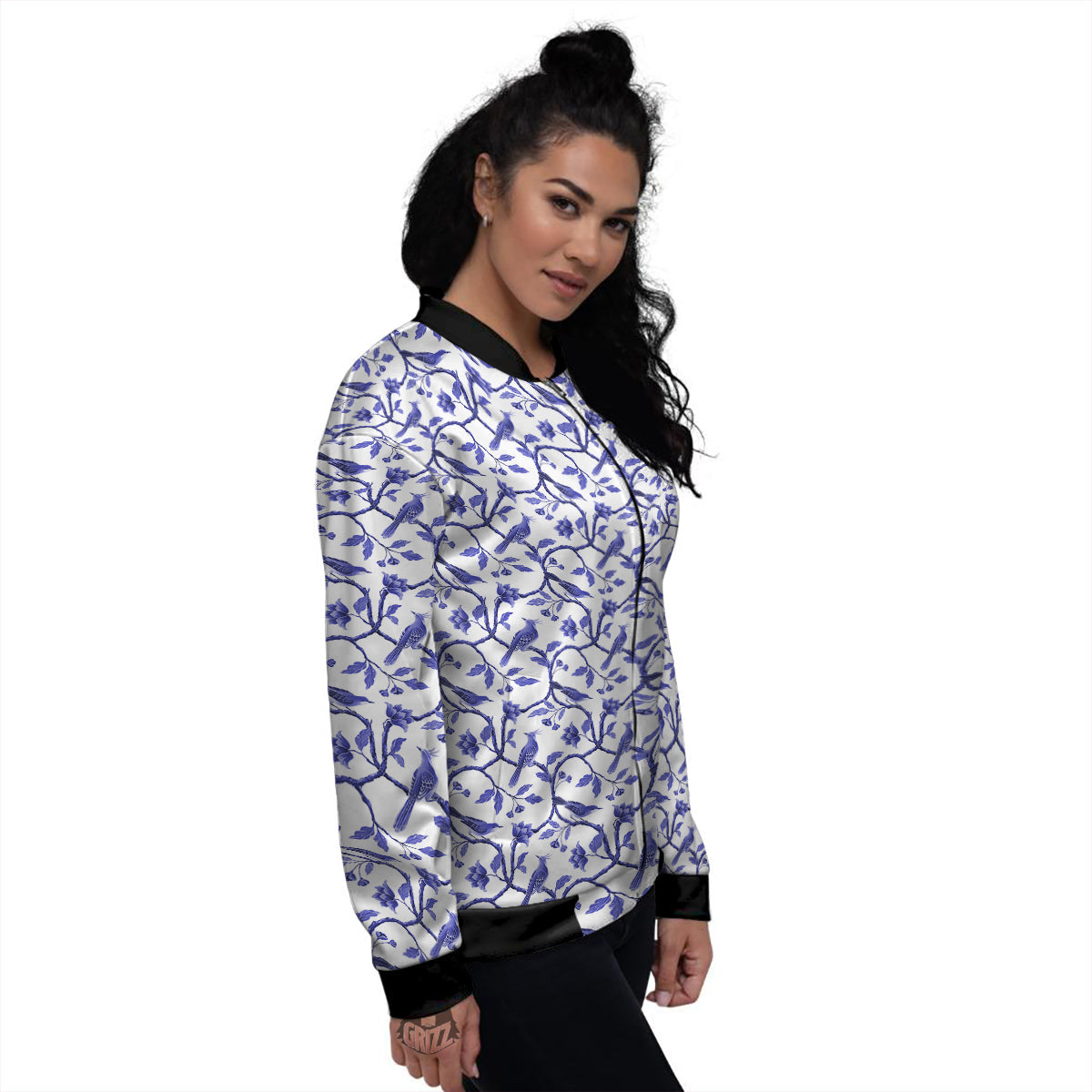 Bird Chinoiserie Print Pattern Women's Bomber Jacket-grizzshop
