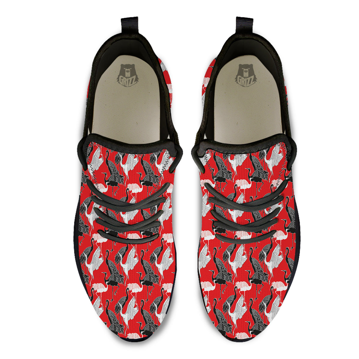 Bird Crane Print Pattern Black Athletic Shoes-grizzshop