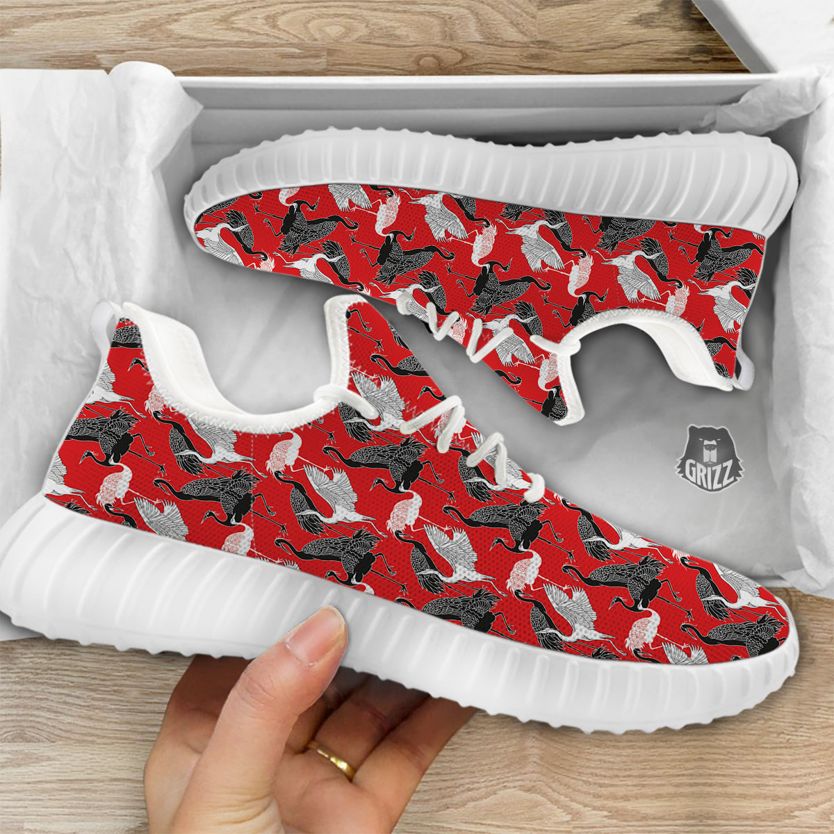 Bird Crane Print Pattern White Walking Shoes-grizzshop